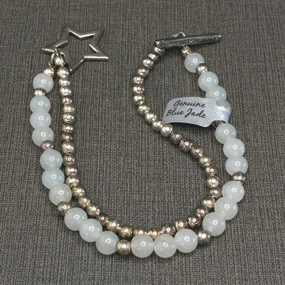 Vintage Genuine Blue Jade Bracelet Star Toggle Wish Silver Tone Beaded 7"